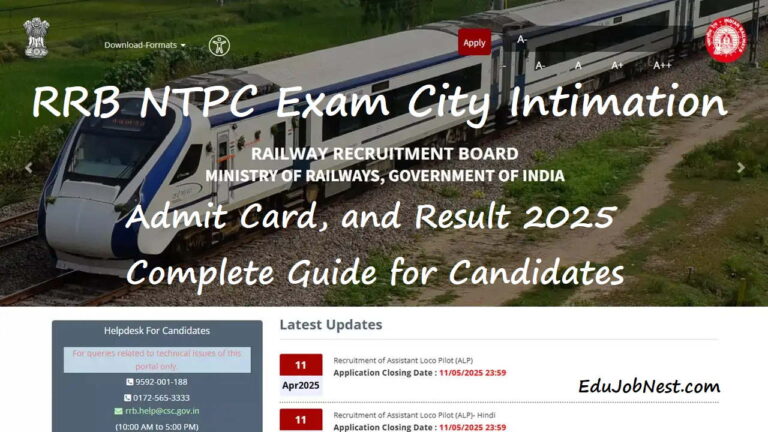RRB NTPC Exam City Intimation Admit Card