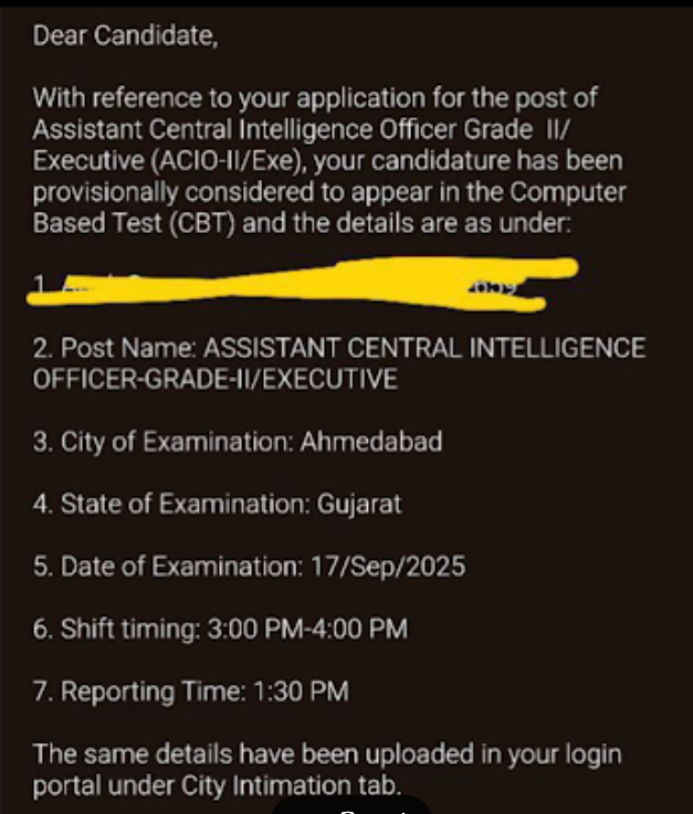 IB ACIO City Intimation 2025
